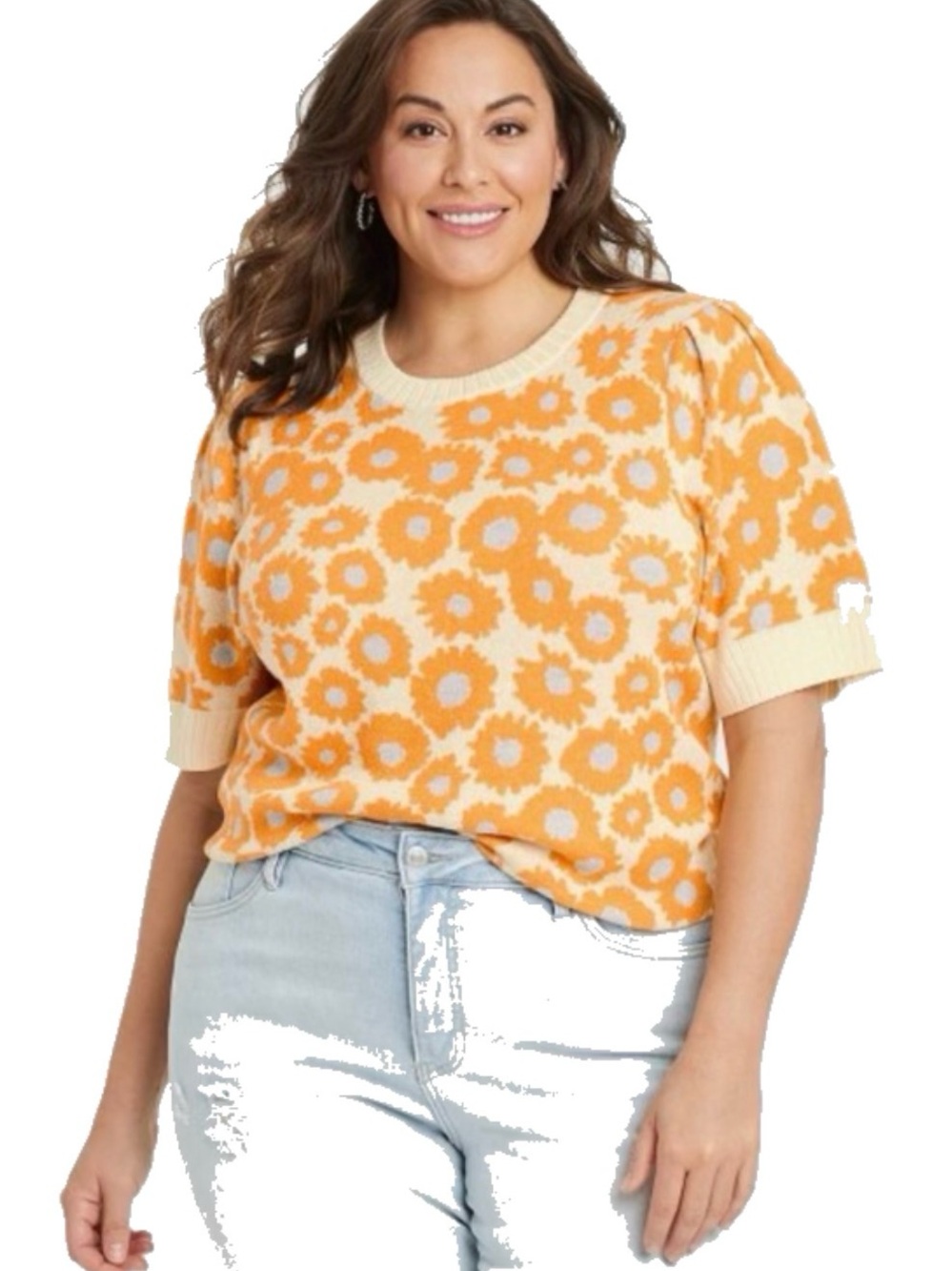 Ava & Viv Short Sleeve Plus Size Floral Sweater Cotton Blend 1X